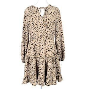 Womens L Beige/Black Above Knee Ditsy Floral Tie Neck Cuff Sleeve A-line Dress